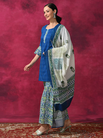 Blue Printed Kurta Sharara With Dupatta