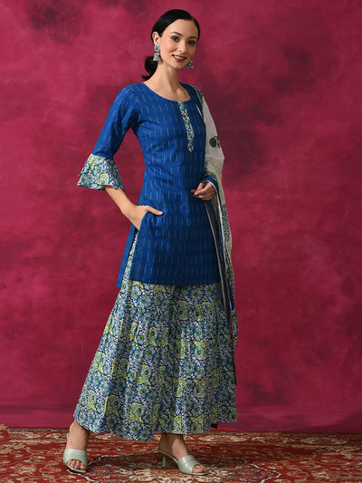 Blue Printed Kurta Sharara With Dupatta