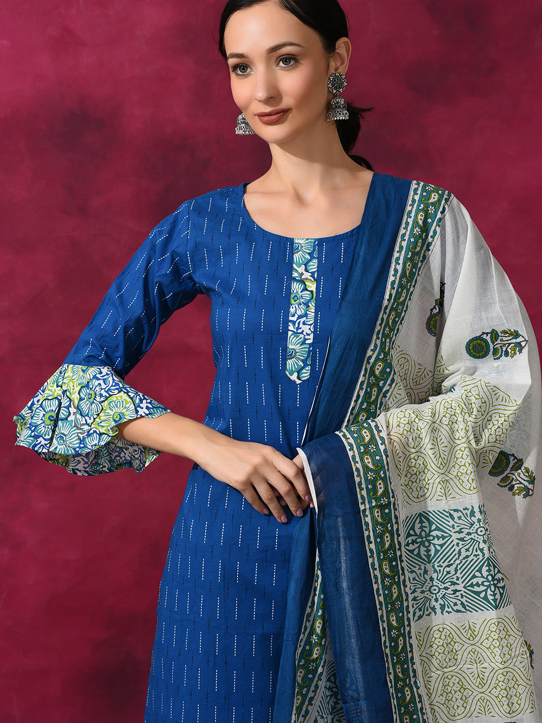 Blue Printed Kurta Sharara With Dupatta