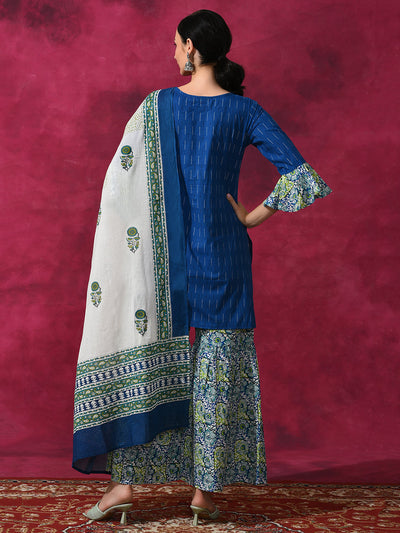 Blue Printed Kurta Sharara With Dupatta