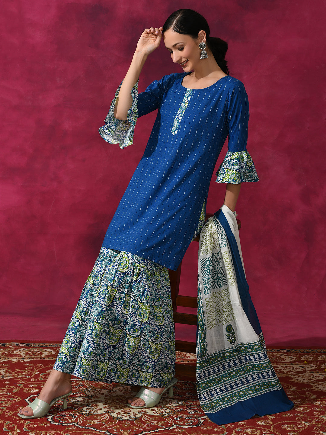 Blue Printed Kurta Sharara With Dupatta