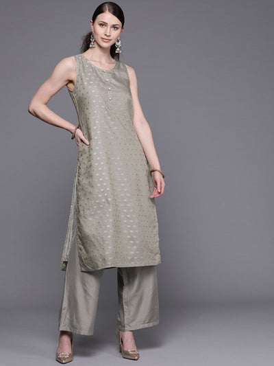 Grey Woven Designed Kurta With Palazzo