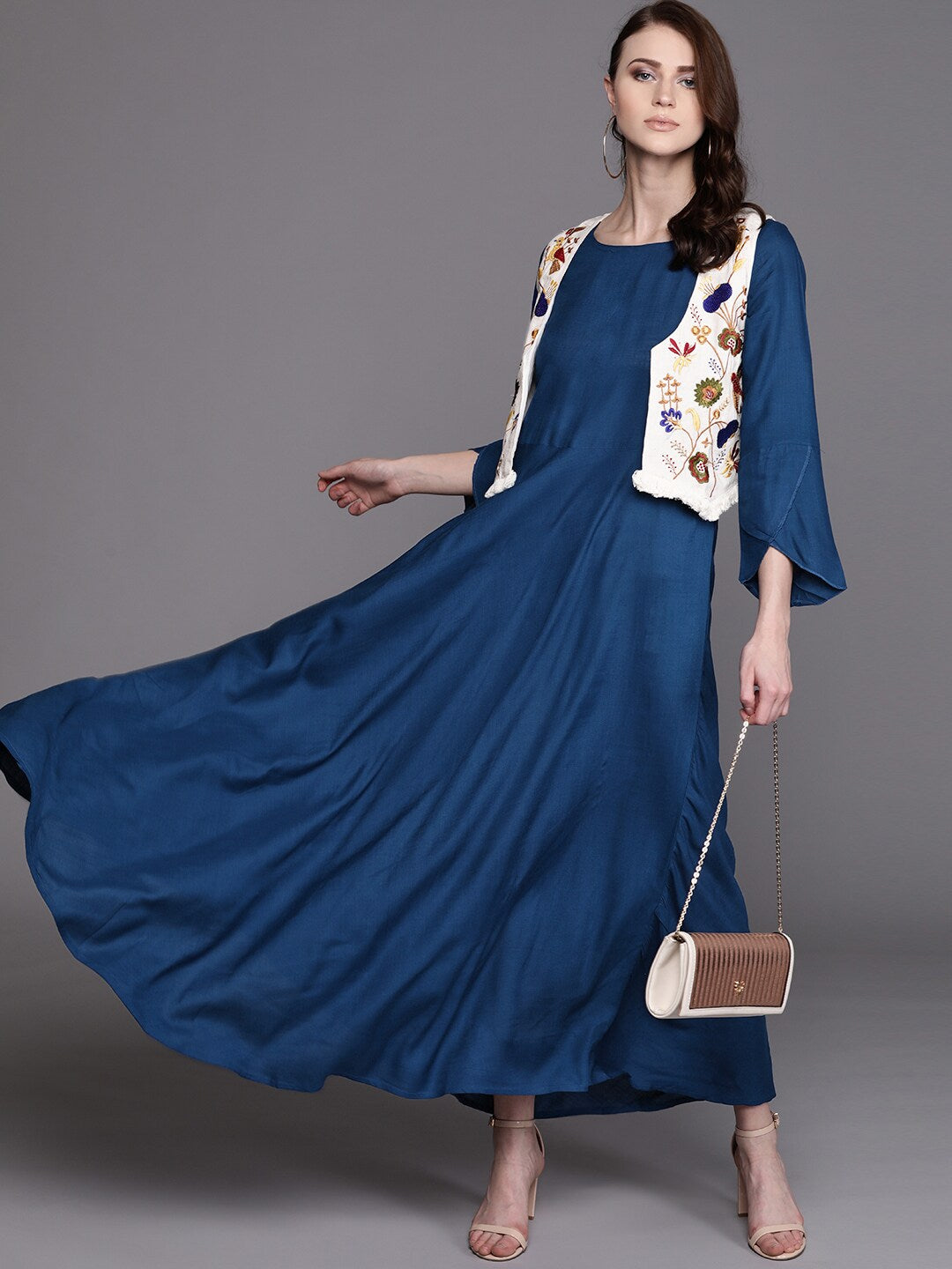 Blue Maxi Gown with Floral Embroidered Jacket