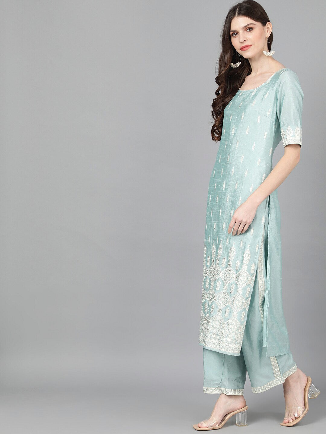 Blue Foil Printed Kurta With Palazzo