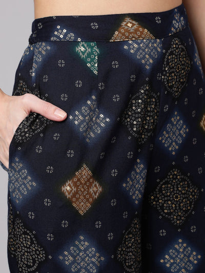 Navy Blue Printed Straight Kurta With Palazzo