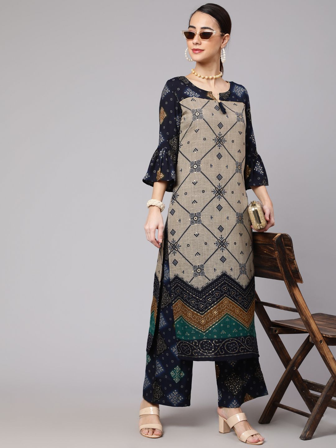 Navy Blue Printed Straight Kurta With Palazzo