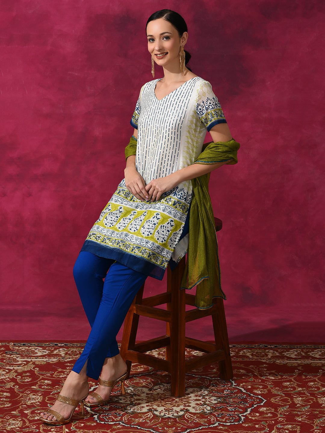 White Printed Kurta Pant With Dupatta