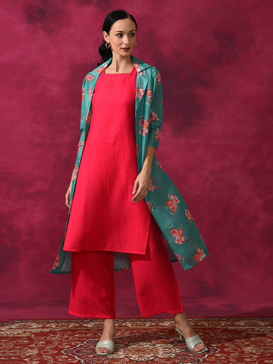 Green Kurta Palazzo With Floral Print Jacket