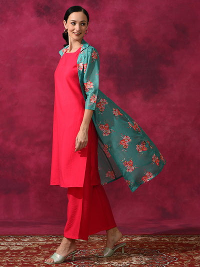 Green Kurta Palazzo With Floral Print Jacket