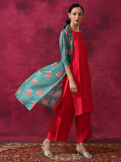 Green Kurta Palazzo With Floral Print Jacket