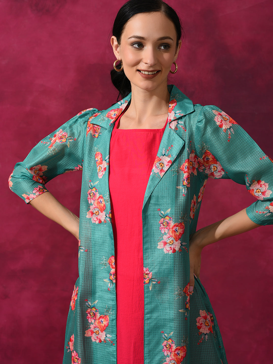 Green Kurta Palazzo With Floral Print Jacket