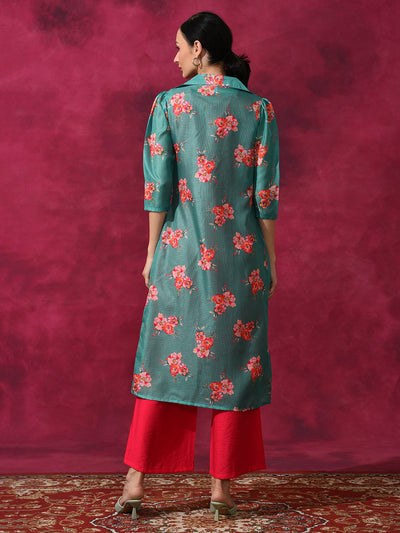 Green Kurta Palazzo With Floral Print Jacket