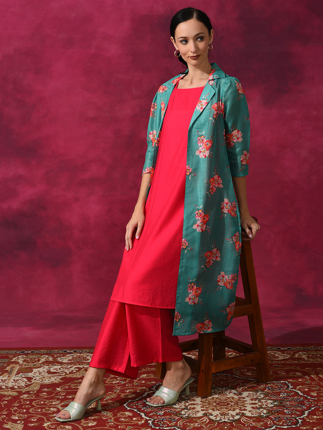 Green Kurta Palazzo With Floral Print Jacket