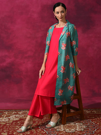 Green Kurta Palazzo With Floral Print Jacket