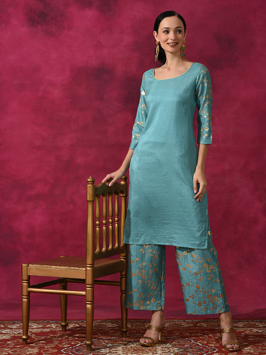 Pastel Blue Foil Print Kurta With Palazzo