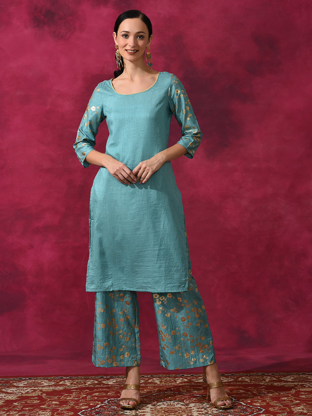 Pastel Blue Foil Print Kurta With Palazzo