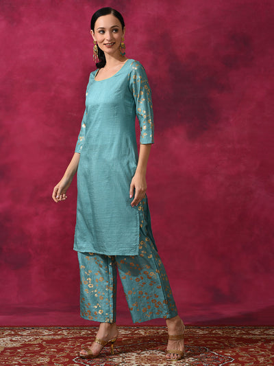 Pastel Blue Foil Print Kurta With Palazzo