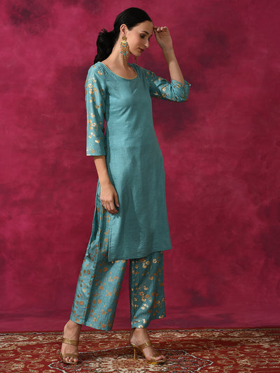 Pastel Blue Foil Print Kurta With Palazzo