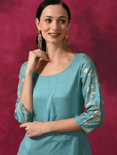 Pastel Blue Foil Print Kurta With Palazzo