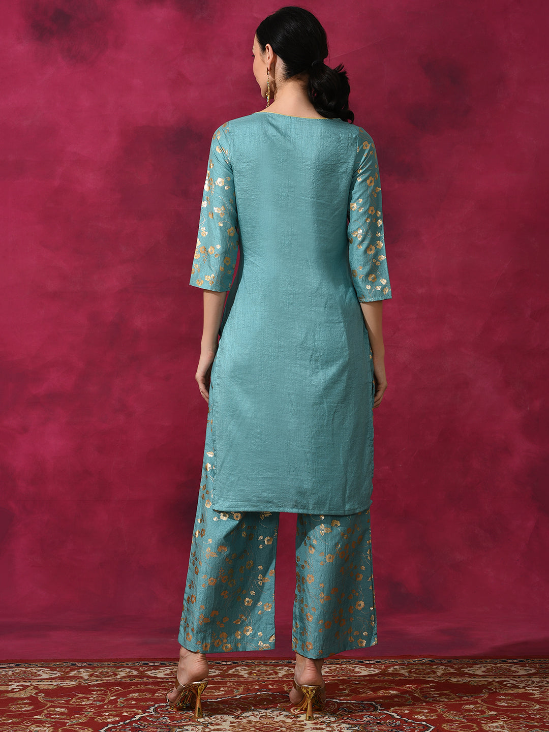 Pastel Blue Foil Print Kurta With Palazzo