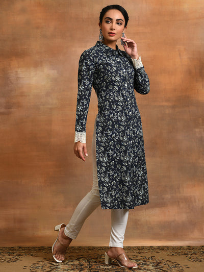 Navy Blue Cropped Kurta with Collar