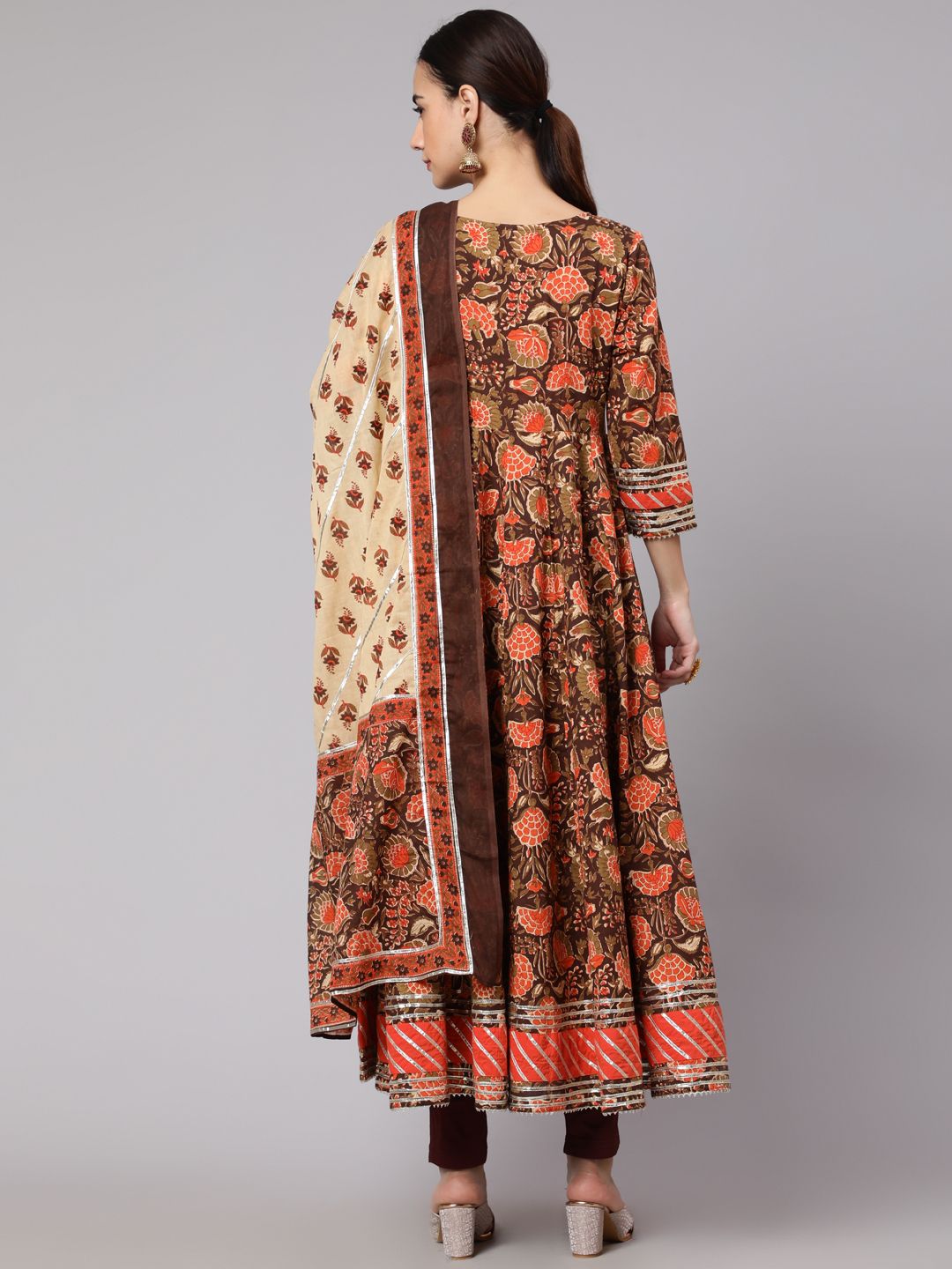 Brown Floral Print Anarkali With Dupatta