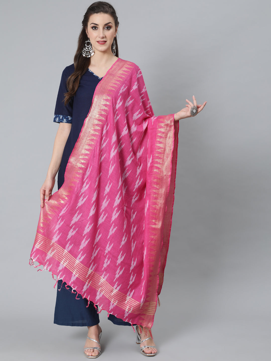 Pink Zari Work Ikat Designed Dupatta