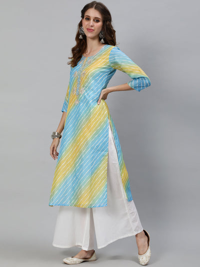 Blue Leheriya Print Yoke Embroidered Kurta