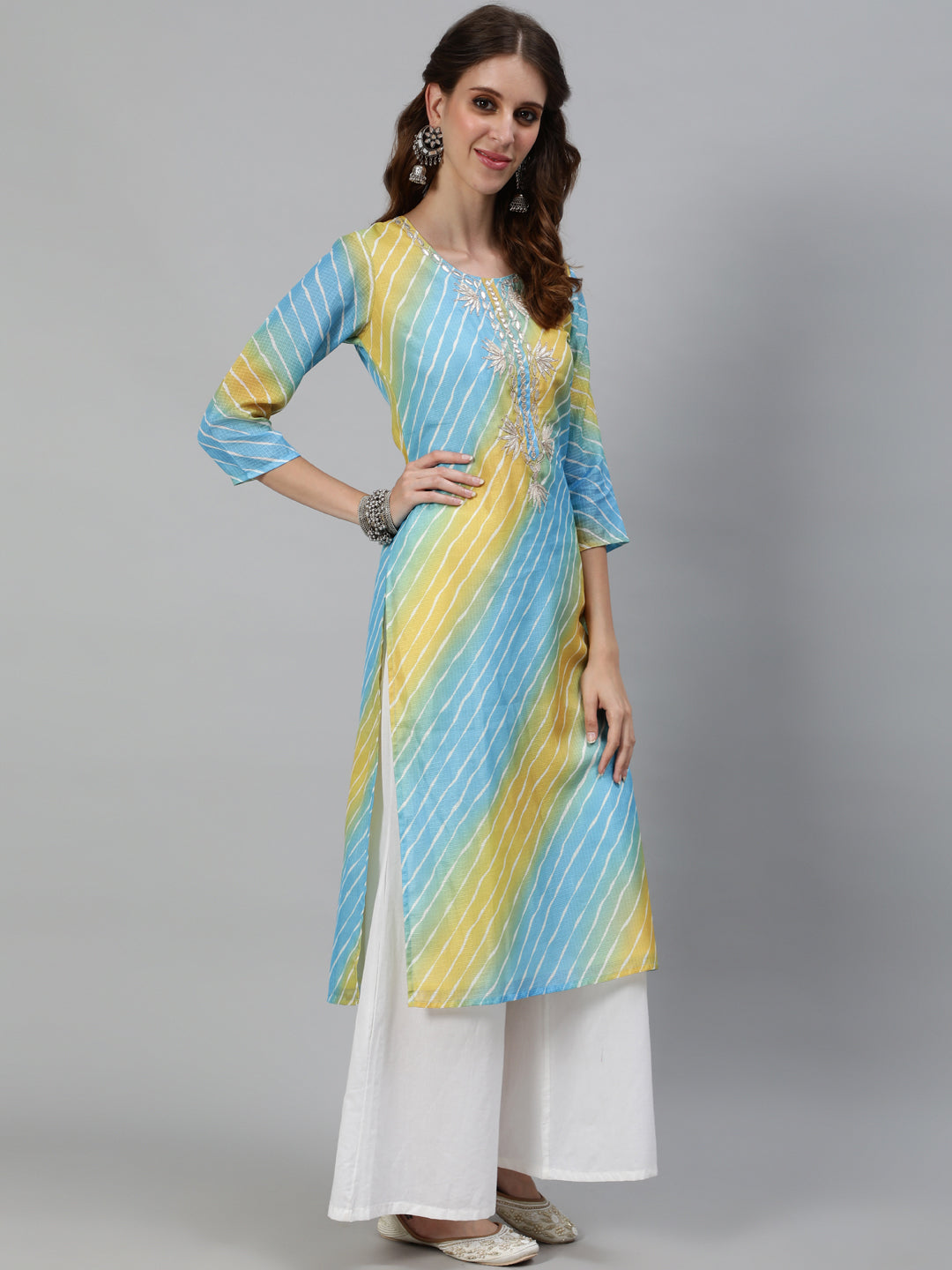 Blue Leheriya Print Yoke Embroidered Kurta