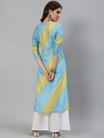 Blue Leheriya Print Yoke Embroidered Kurta