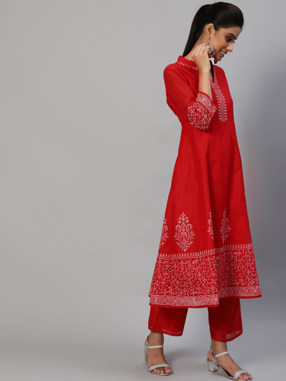 Red Block Print Anarkali