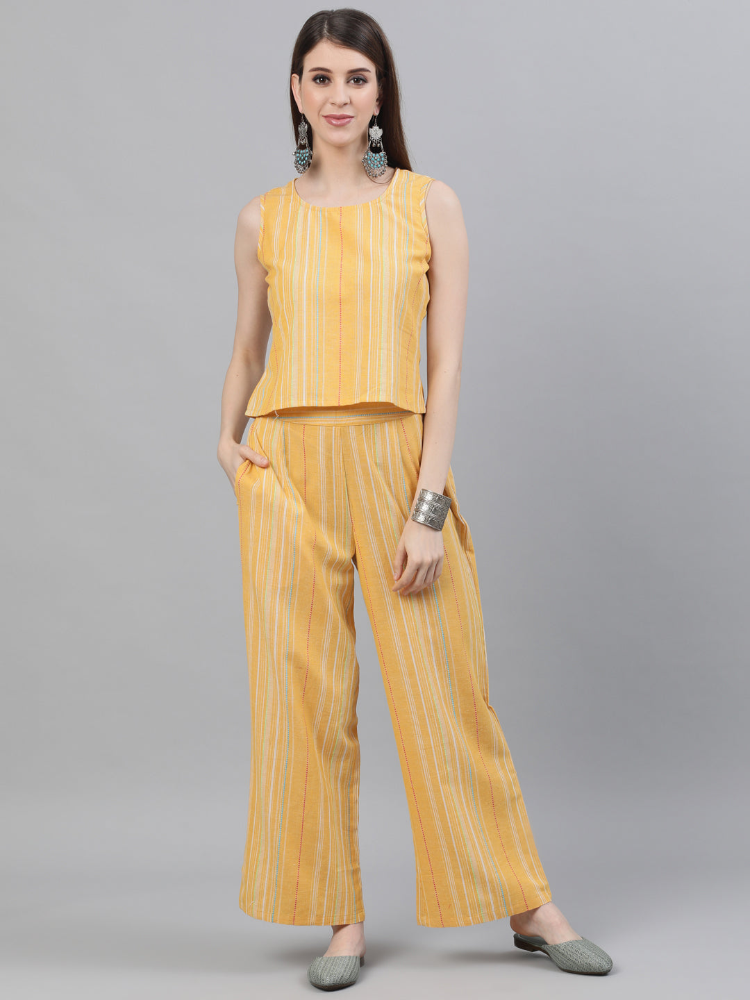 Yellow Handloom Design Asymmetric Top Palazzo With Jacket