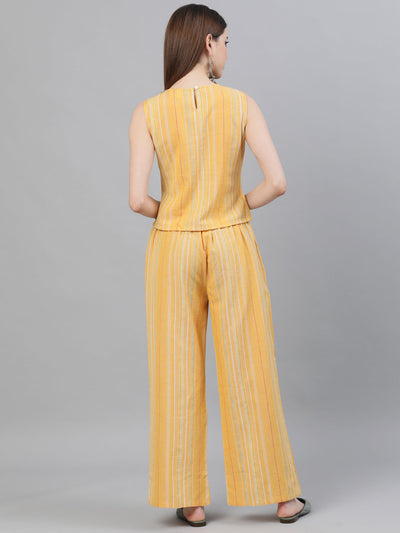 Yellow Handloom Design Asymmetric Top Palazzo With Jacket