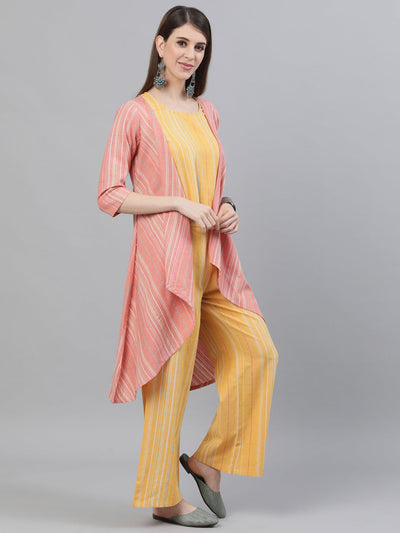 Yellow Handloom Design Asymmetric Top Palazzo With Jacket