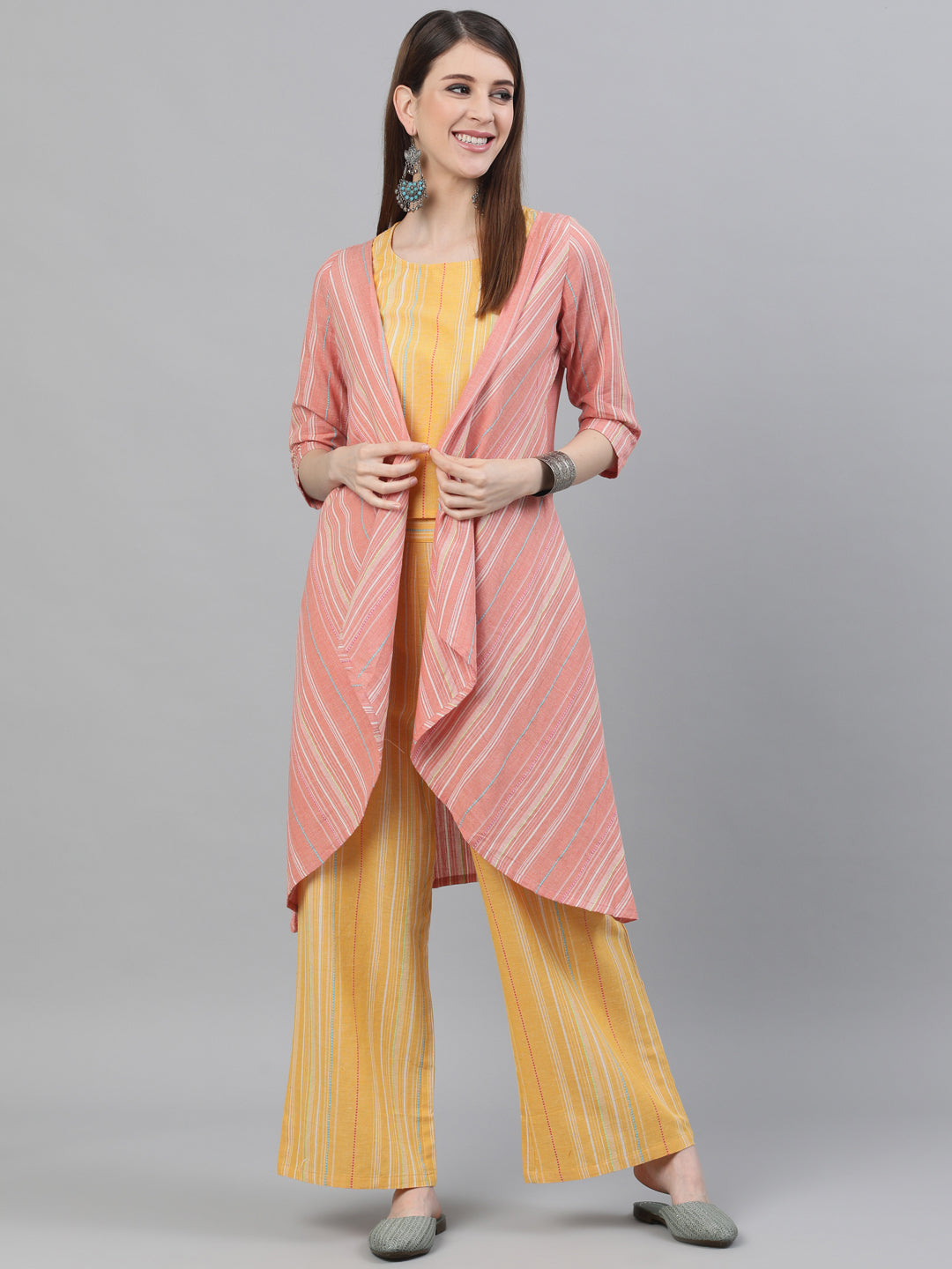 Yellow Handloom Design Asymmetric Top Palazzo With Jacket