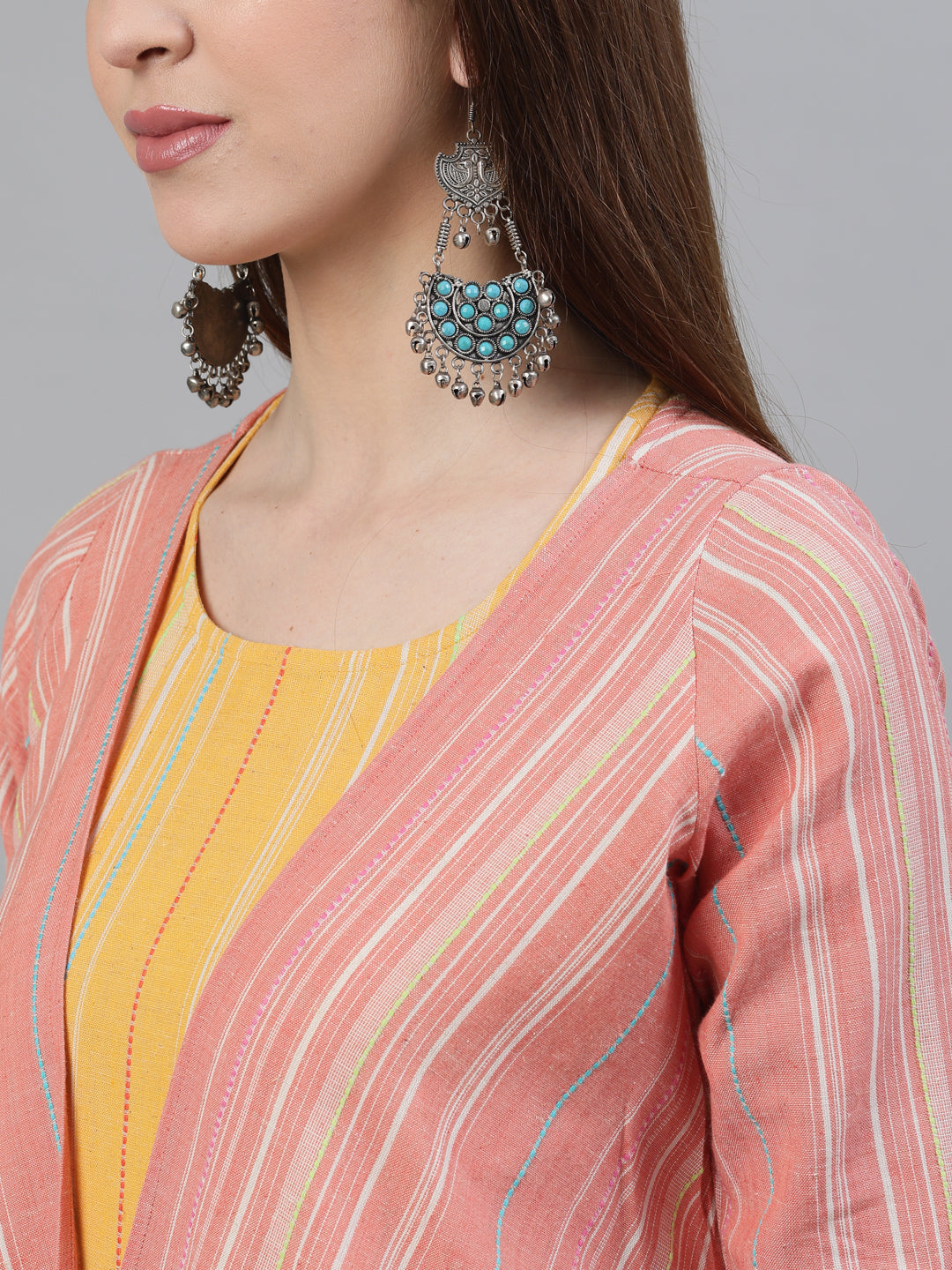 Yellow Handloom Design Asymmetric Top Palazzo With Jacket