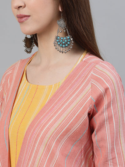 Yellow Handloom Design Asymmetric Top Palazzo With Jacket