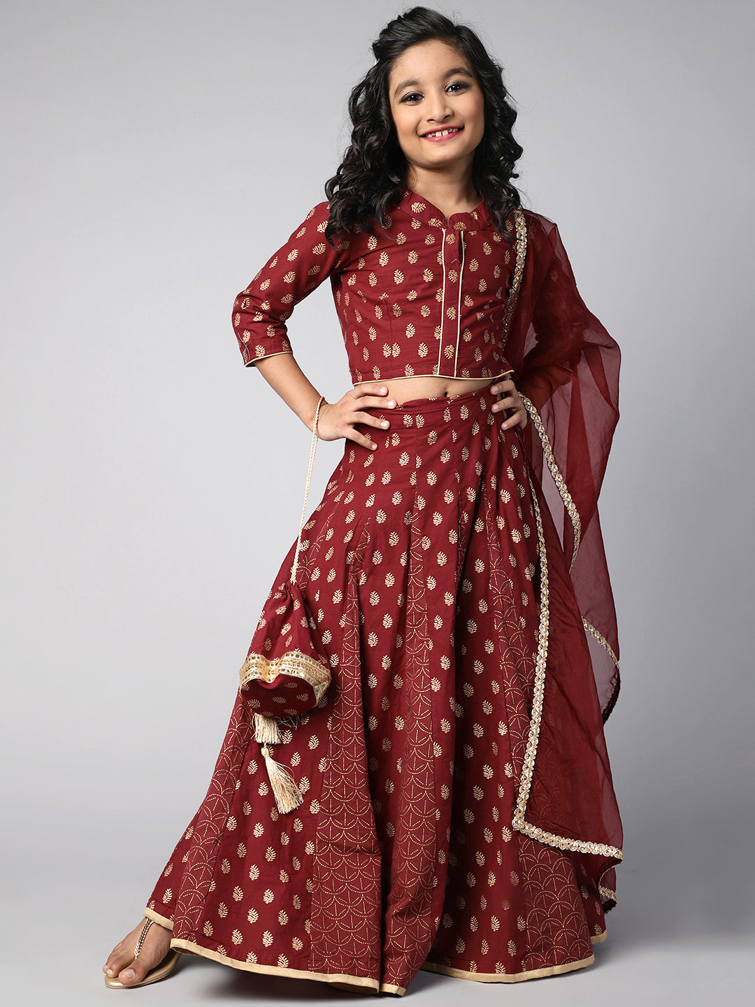 Maroon Gold Printed Lehenga Choli dupatta With Potli Bag