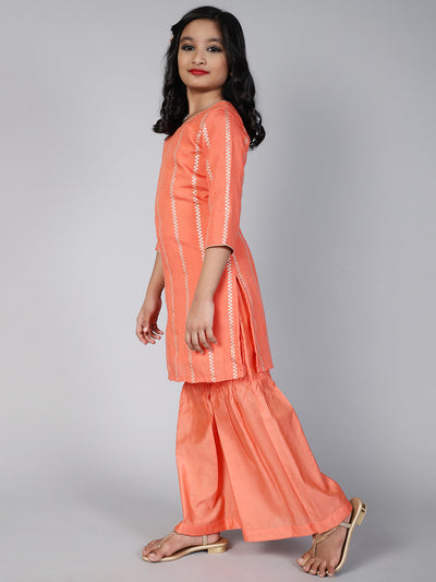 Peach Striped Kurta With Sharara