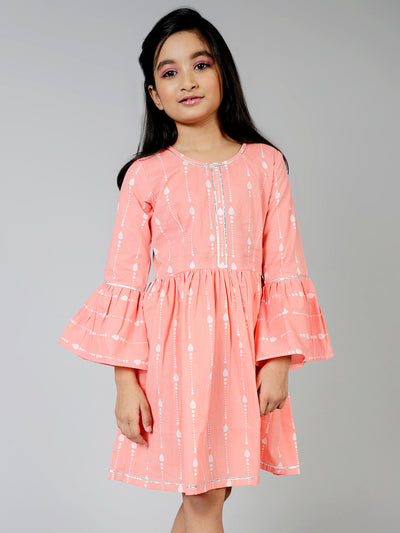 Peach Printed Pleated Dress