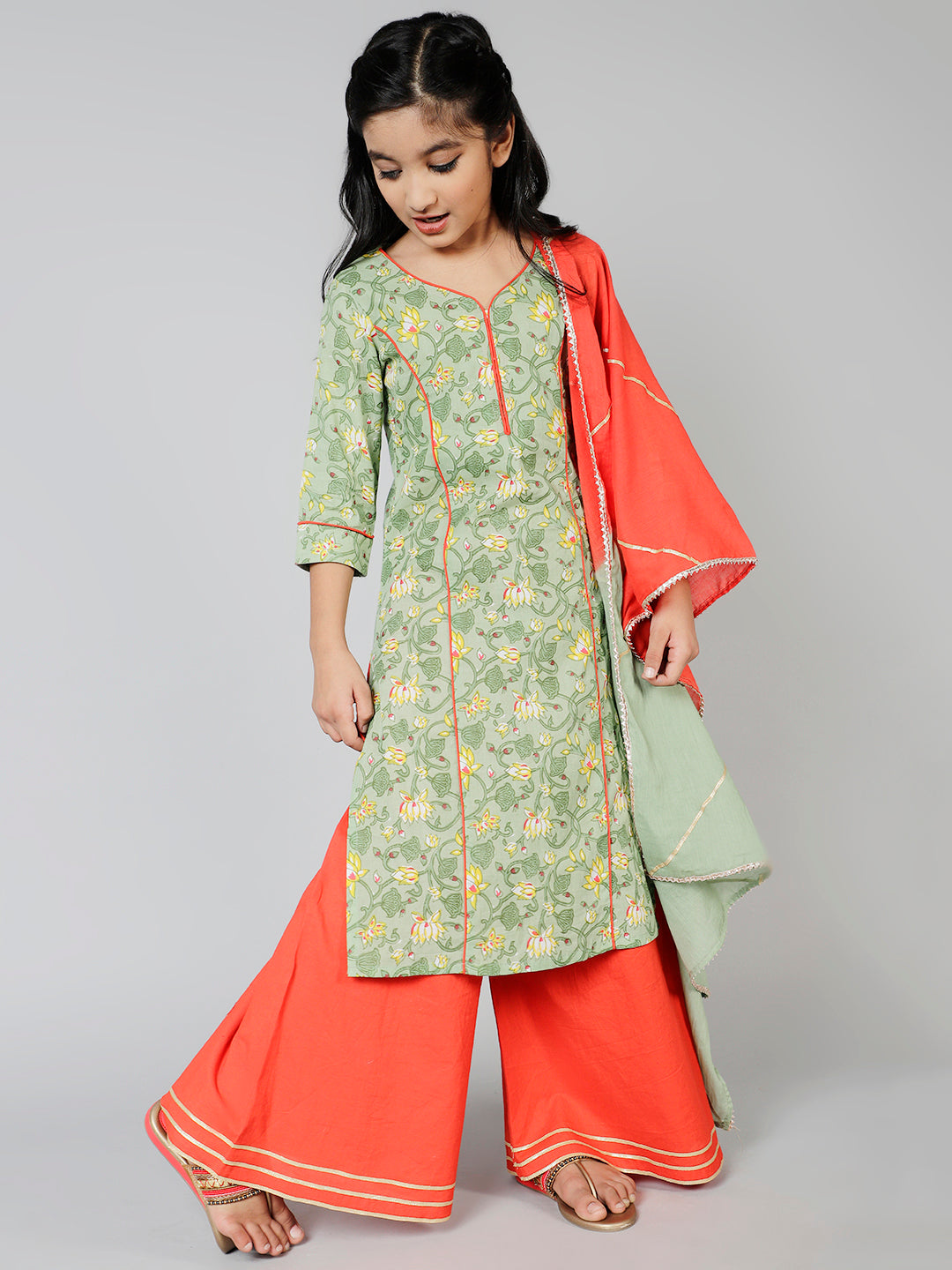 Green Floral Print Kurta Palazzo With Dupatta