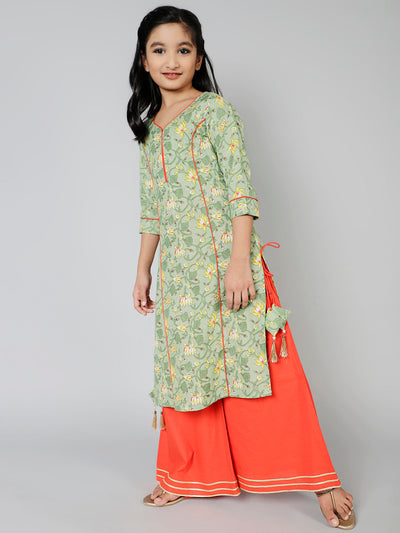 Green Floral Print Kurta Palazzo With Dupatta