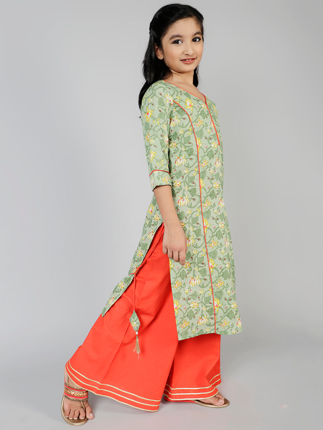 Green Floral Print Kurta Palazzo With Dupatta