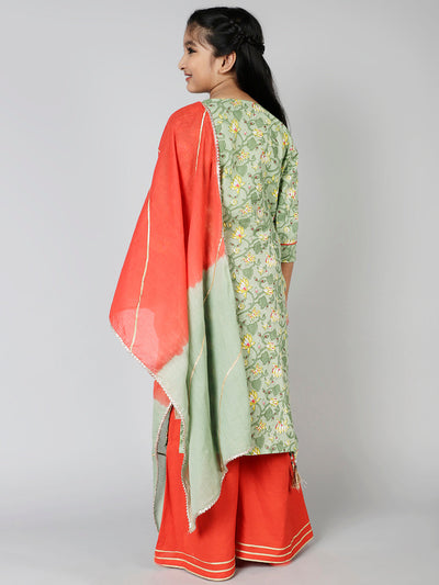 Green Floral Print Kurta Palazzo With Dupatta