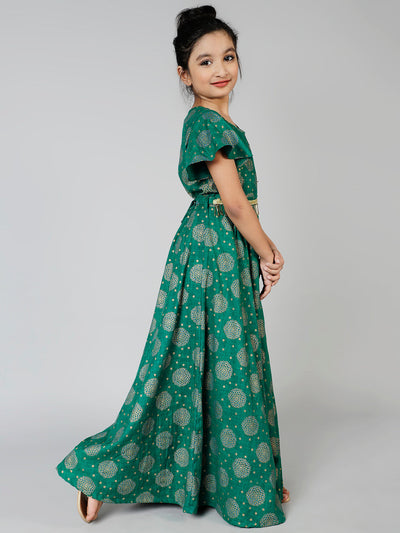 Green Gold Printed Flared Maxi Dress