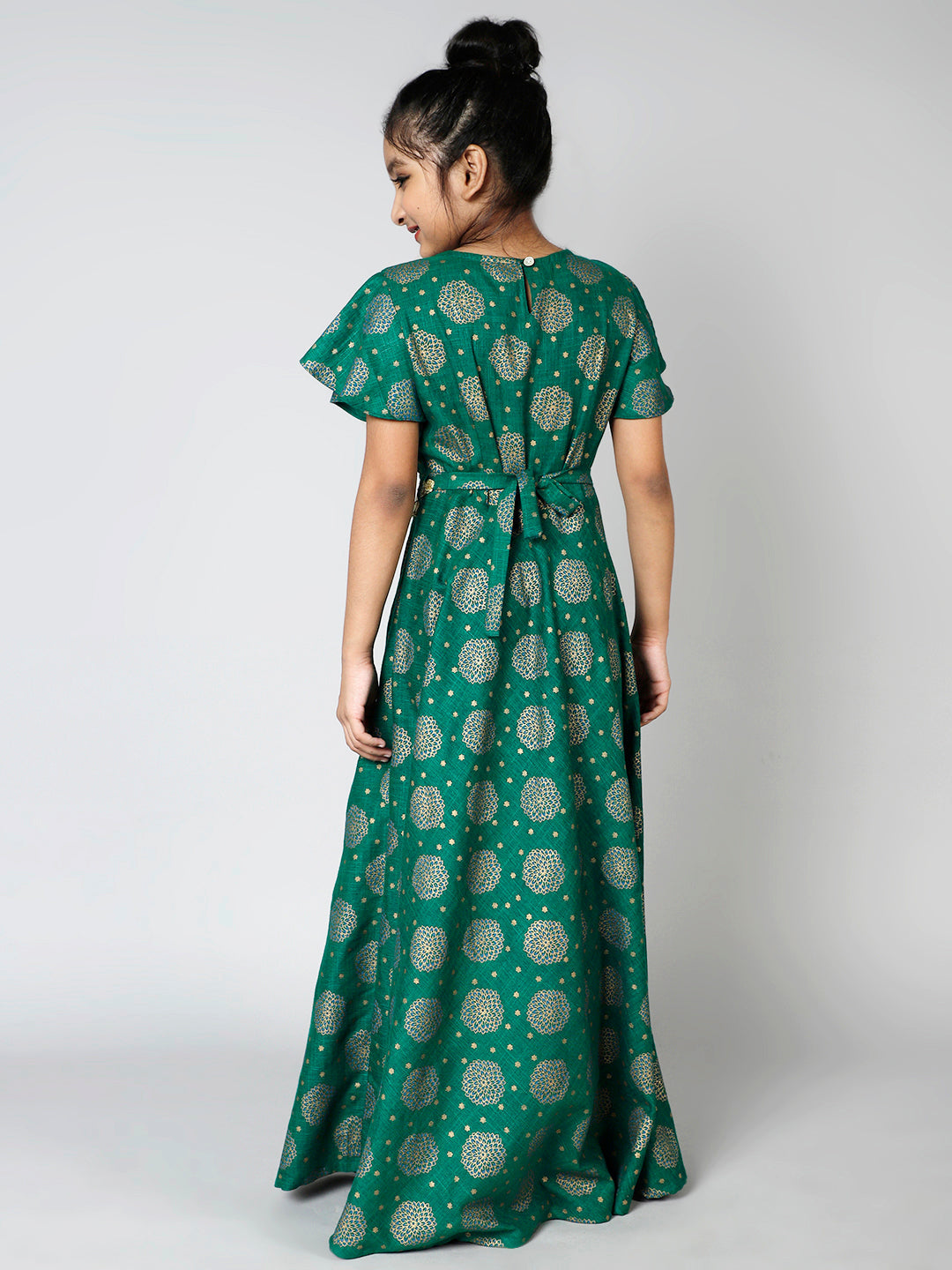 Green Gold Printed Flared Maxi Dress