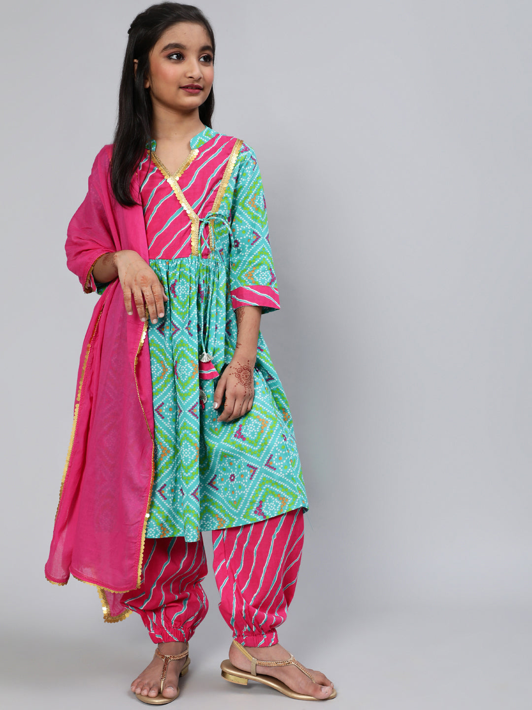 Blue Bandhani Print Kurta Palazzo With Dupatta