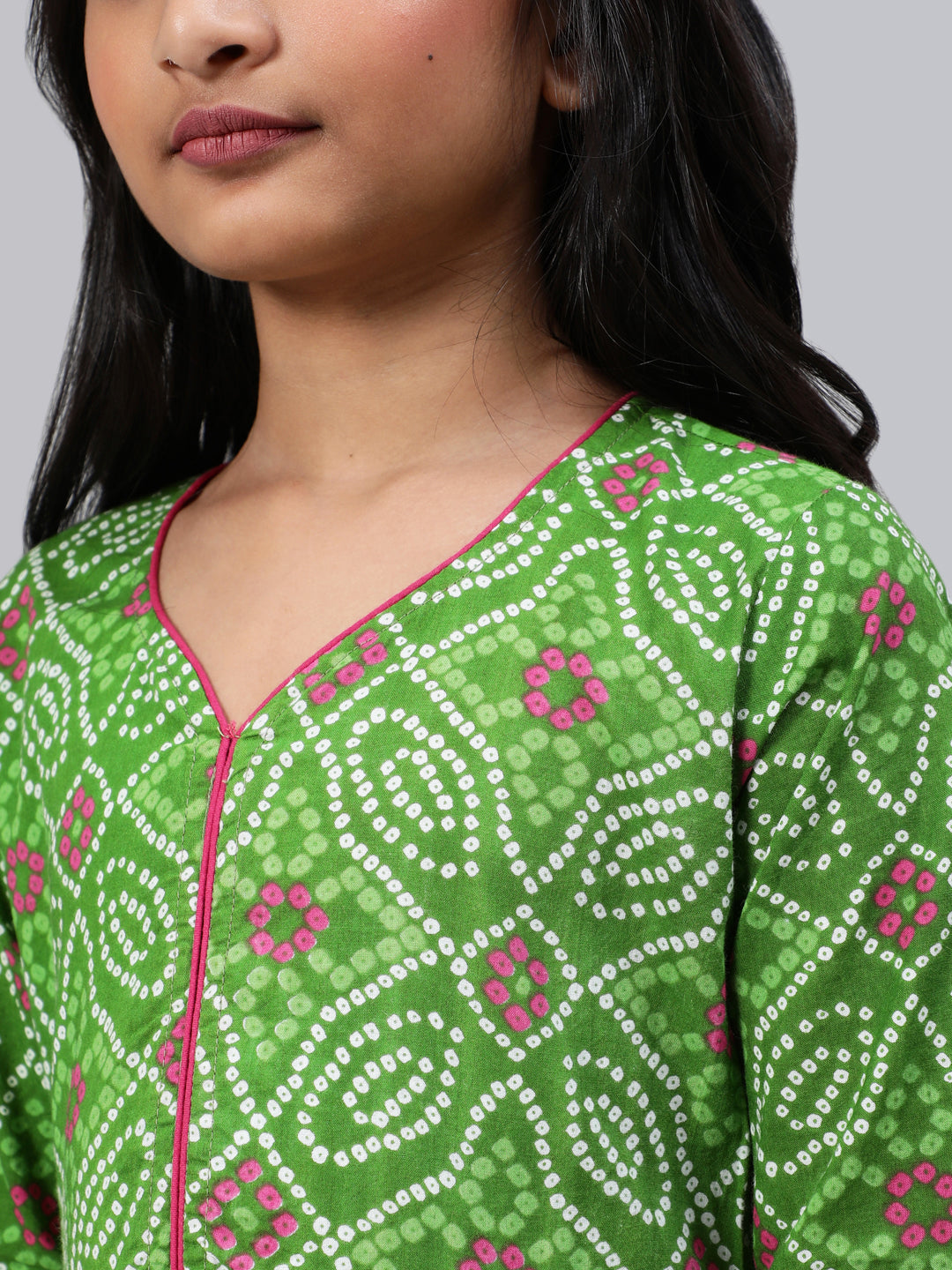 Green Bandhani Print Flared Dress With Dupatta