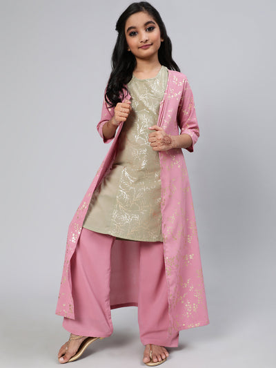 Mauve Foil Printed Kurta Jacket With Palazzo