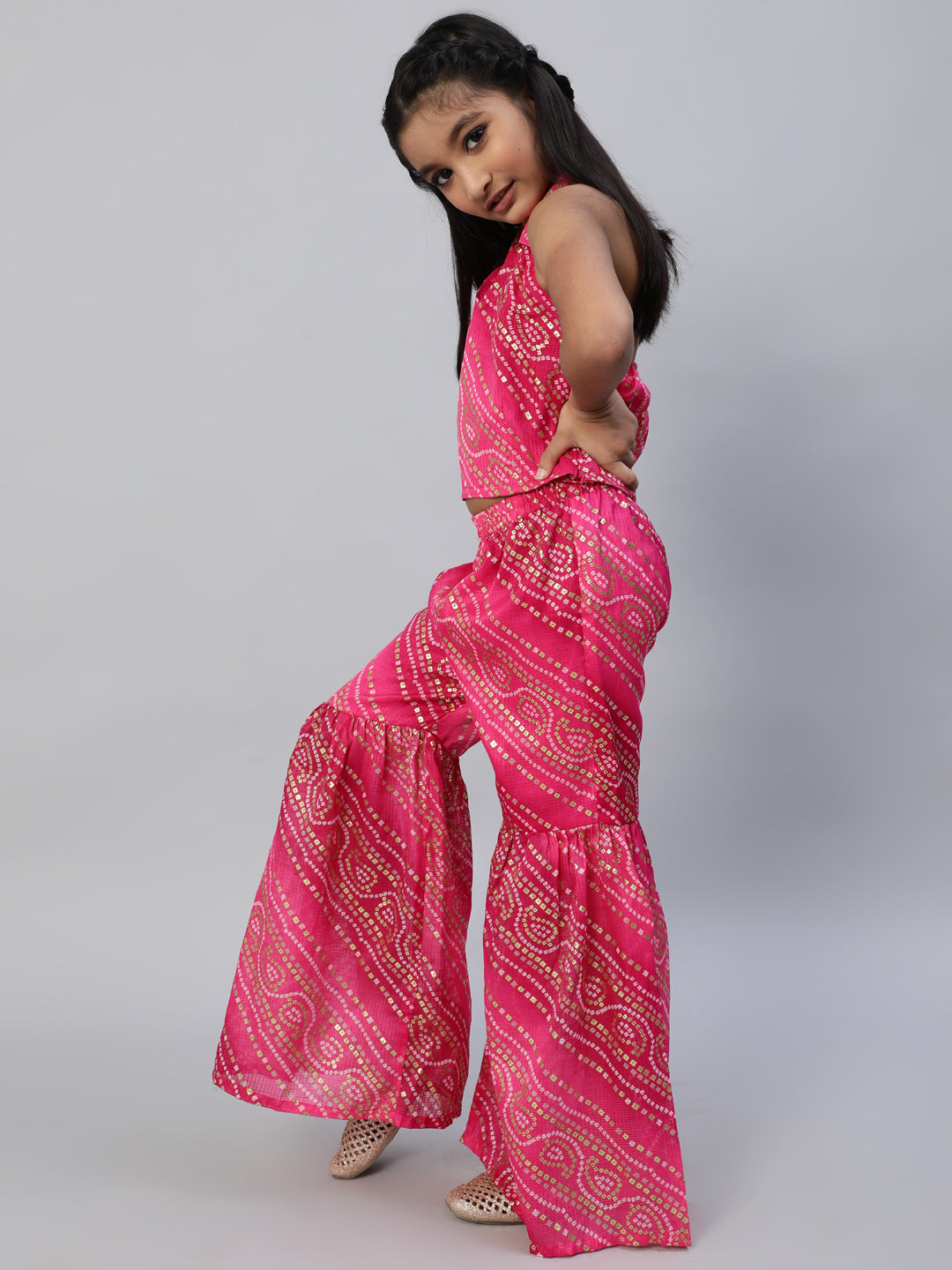 Pink Bandhani Print Top Sharara With Dupatta